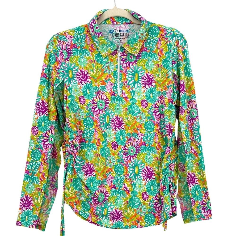 IBKUL Women Medium Top Long Sleeve 1/4 Zip Lilli Violet Floral Multi Cooling